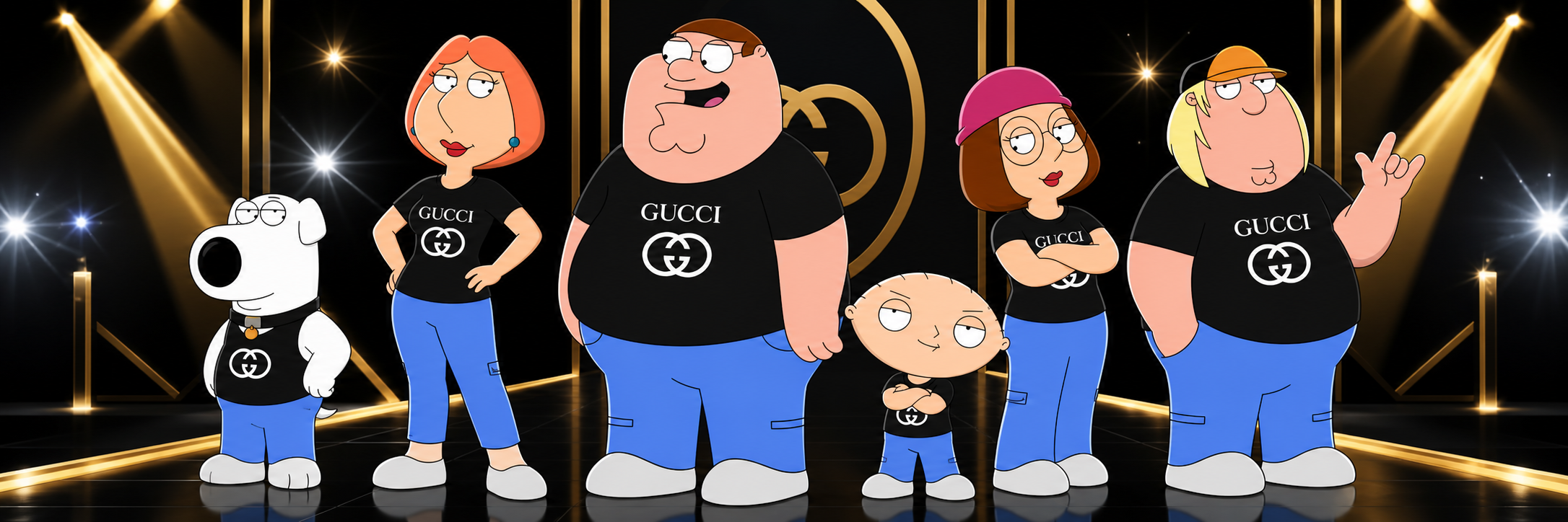 The Gucci Peter family together in matching black and blue outfits